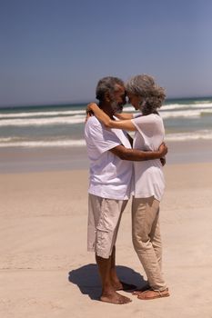 Side view of happy senior couple head to head and embracing each other on beach in the sunshine