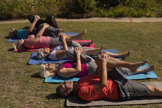 Side view of trainer training senior people in performing exercise on the back on yoga mat at park