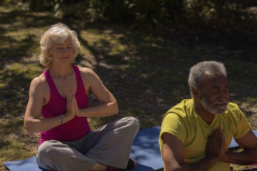 Front view of active senior people performing yoga on yoga mat in the park