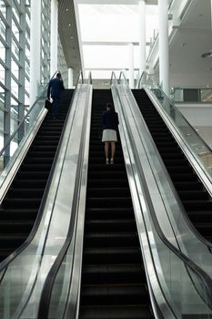 Rear view of businessman and businesswoman moving upwards on escalator in office lobby