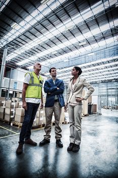 Warehouse managers discussing with the worker in warehouse