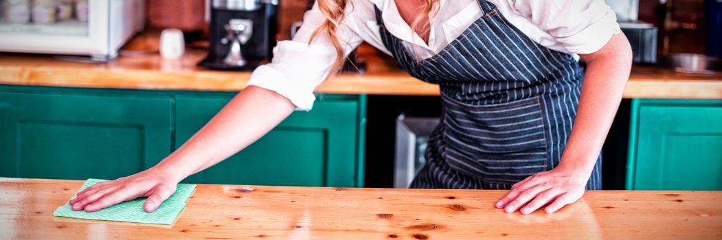 Portrait of smiling waitress cleaning cafe counter