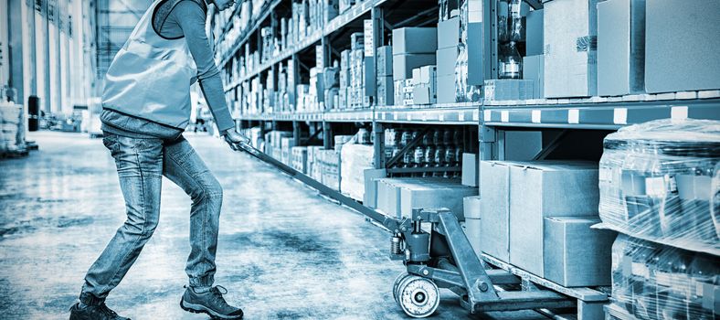 Worker pushing trolley with boxes in warehouse