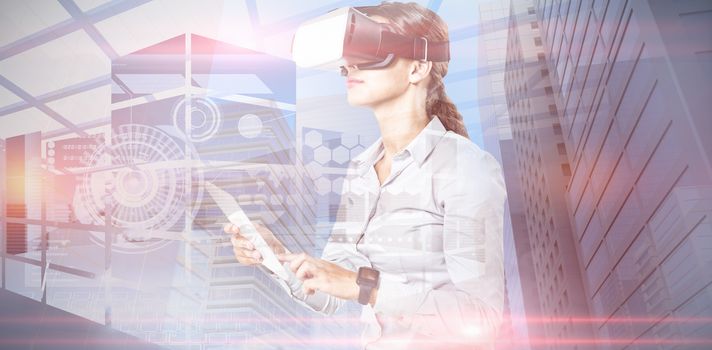 Female executive using virtual reality headset against composite image of interface on abstract screen 
