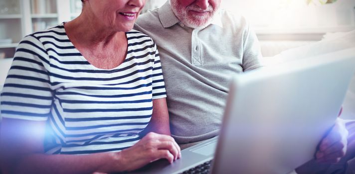 Senior couple using laptop in living room at home