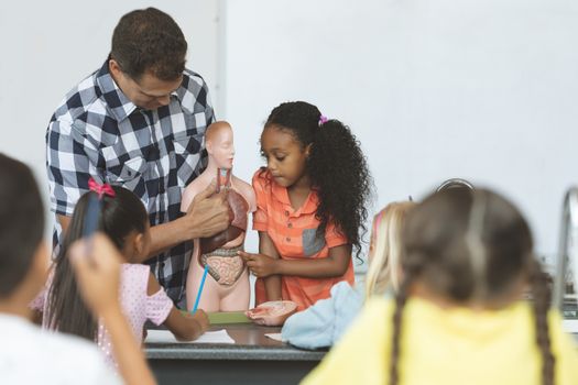 Front view of a teacher holding a dummy skeleton while a schoolgirl touching his lungs in classroom at school with scholl kids sitting on their chair in foreground