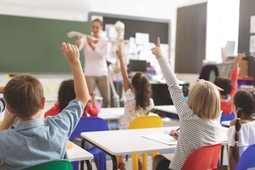 Rear view of kids raising hands while teacher explaining the functioning of human skeleton in classroom at school