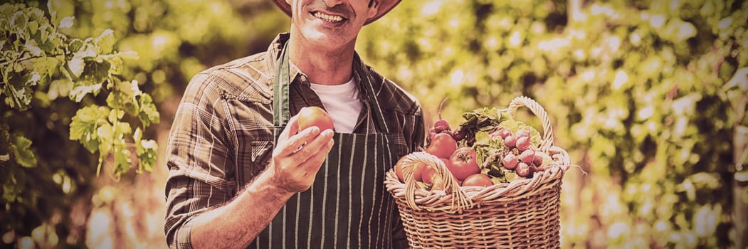 Portrait of cheerful farmer holding basket of vegetables while standing at field