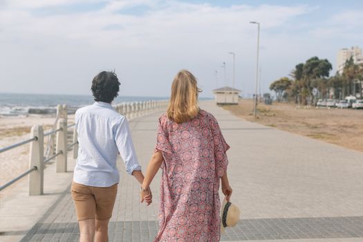 Rear view of young Caucasian couple walking hand in hand on the promenade at the seaside on a sunny day