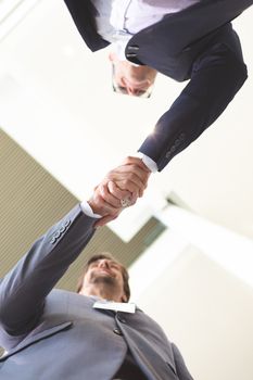 Upward view of happy diverse business people shaking hand in conference