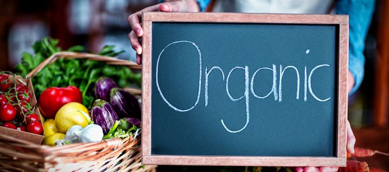 Female staff holding organic sign board in supermarket