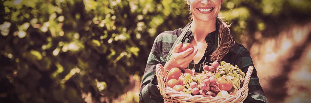 Portrait of happy female farmer holding a basket of vegetables in the vineyard