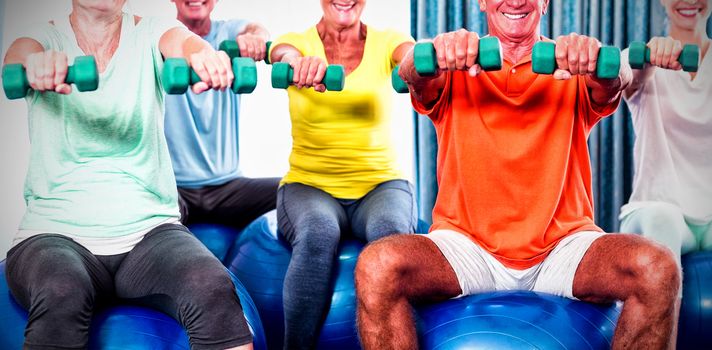 Portrait of seniors using exercise ball and weights during sports class