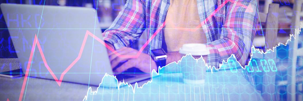 Stocks and shares against  side view of smiling young man typing on laptop at coffee shop