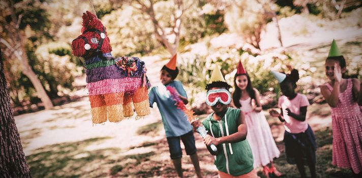 Little boy is going to broke a pinata for his birthday in a park