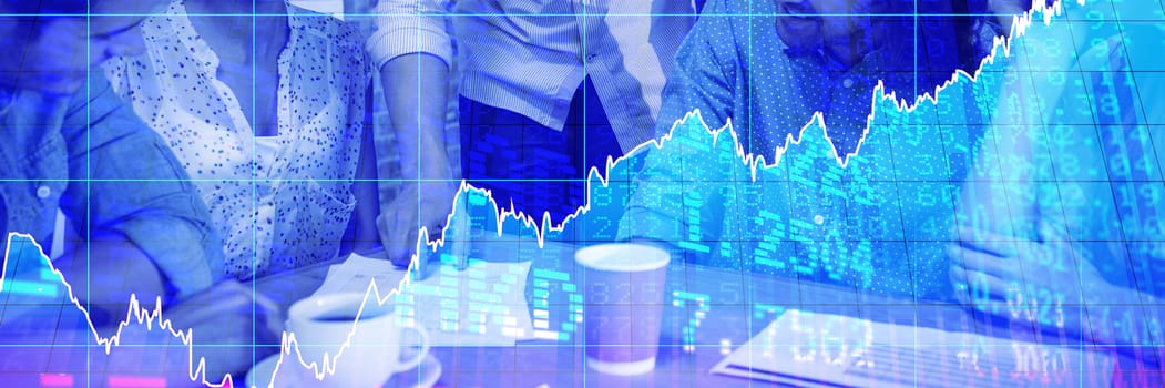 Stocks and shares against front view of meeting of coworkers