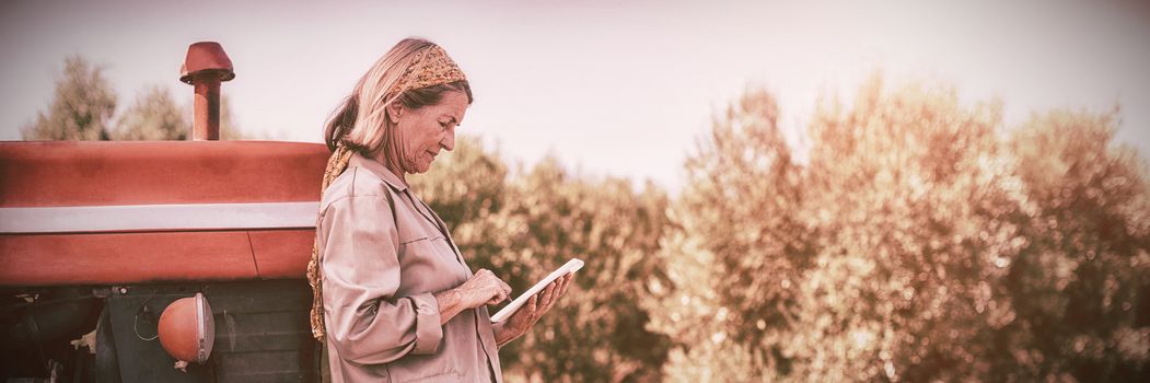 Woman using digital tablet in farm on a sunny day, Side view