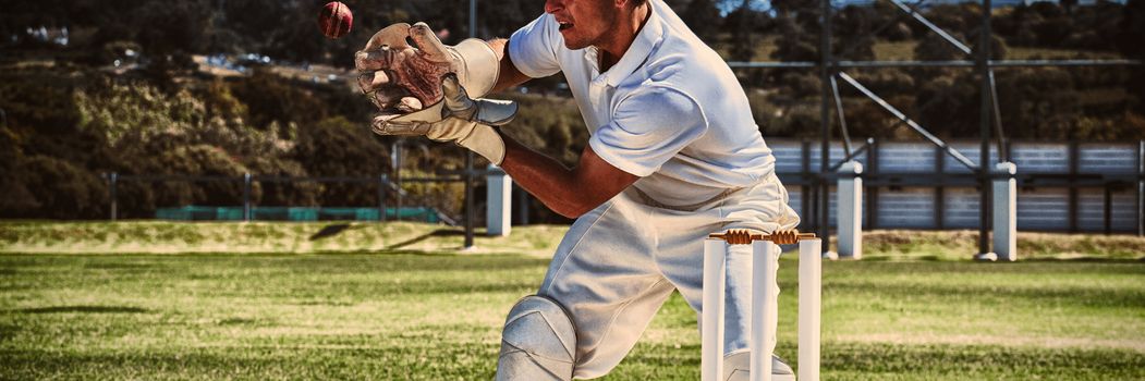 Wicketkeeper catching cricket ball behind stumps during sunny day