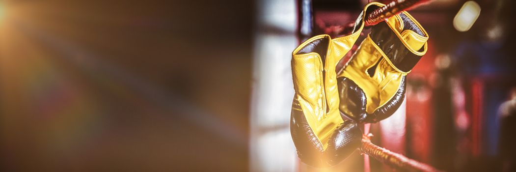 Pair of yellow boxing gloves hanging off the boxing ring, Close-up