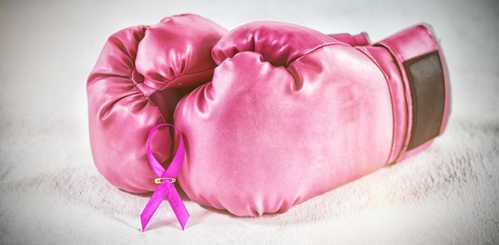 Close-up of pink Breast Cancer Awareness ribbon with boxing gloves against white background