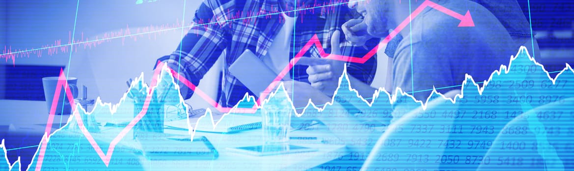 Stocks and shares against businessman discussing with colleague in meeting room