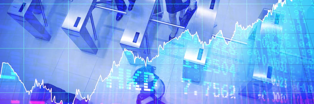 Stocks and shares against business executives passing through turnstile gate