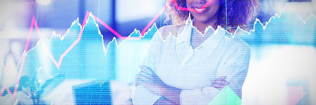 Stocks and shares against portrait of smiling woman standing in office