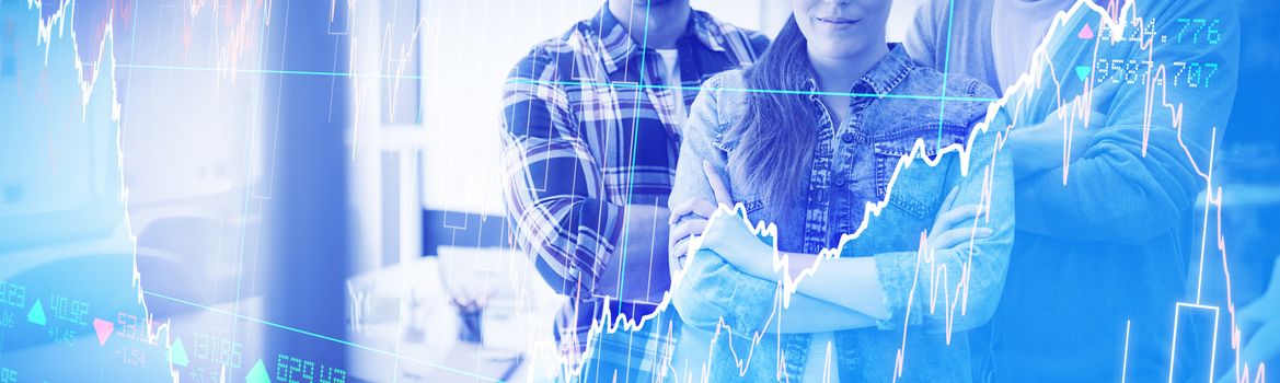 Stocks and shares against portrait of businesswoman with colleagues in office