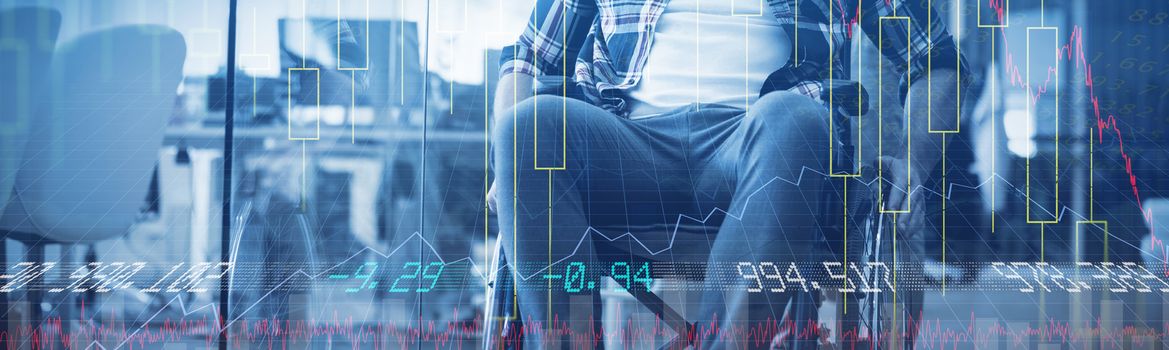Stocks and shares against portrait of smiling handicap businessman in creative office