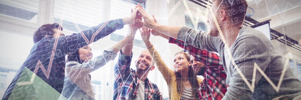 Stocks and shares against low angle view of creative business people giving high five