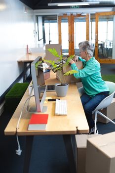 Side view of Caucasian female executive unpacking cardboard box at desk in office. This is a casual creative start-up business office for a diverse team