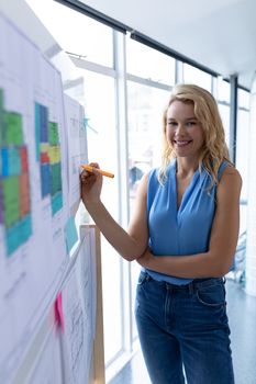 Front view of happy Caucasian female architect looking at camera while working over blueprint on whiteboard in a modern office. This is a casual creative start-up business office for a diverse team