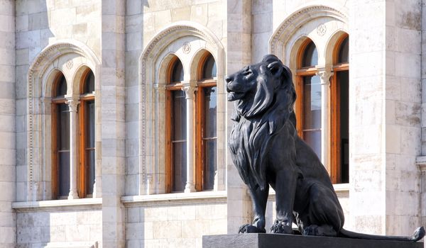 Hungary, Parliament in Budapest, statue of a lion.