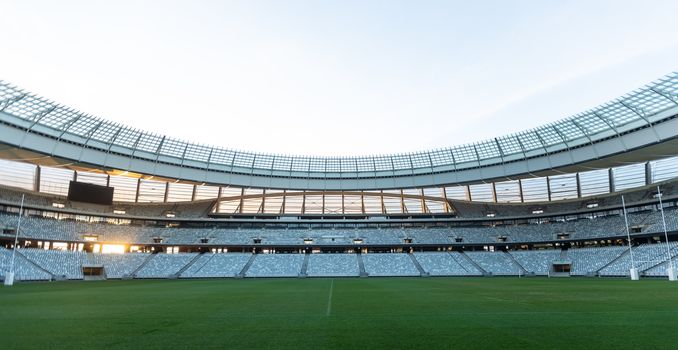 Front view of empty Rugby stadium at dawn