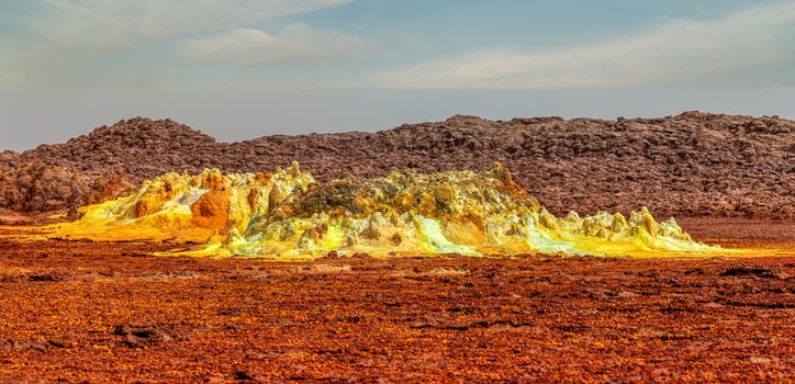 Colorful incredible abstract apocalyptic landscape like moonscape of Dallol Lake in Crater of Dallol Volcano, Danakil Depression, Ethiopia