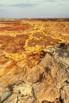 Colorful incredible abstract apocalyptic landscape like moonscape of Dallol Lake in Crater of Dallol Volcano, Danakil Depression, Ethiopia