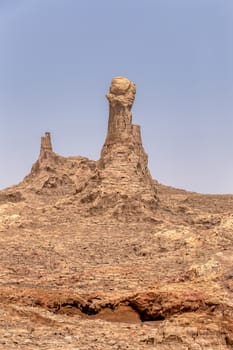 High rock formations rise in the Danakil depression like stone rock city. Landscape like Moonscape, Danakil depression, Ethiopia, Africa