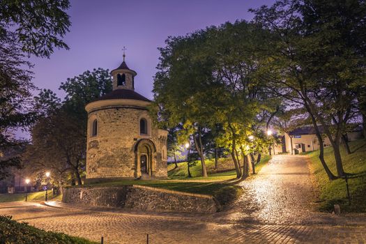 night view of the rotunda of saint martin situated inside of the grounds of vysehrad castle in prague.