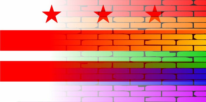 A well worn wall painted with a LGBT rainbow with the Washington DC flag