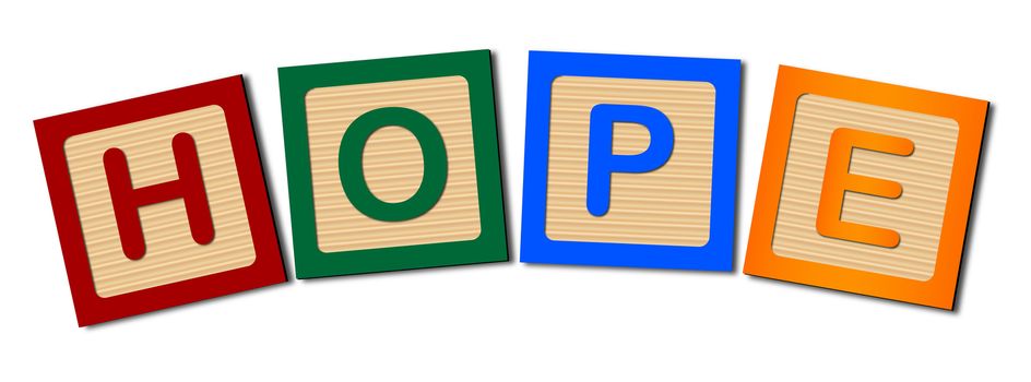 A collection of wooden block letters spelling the word HOPE