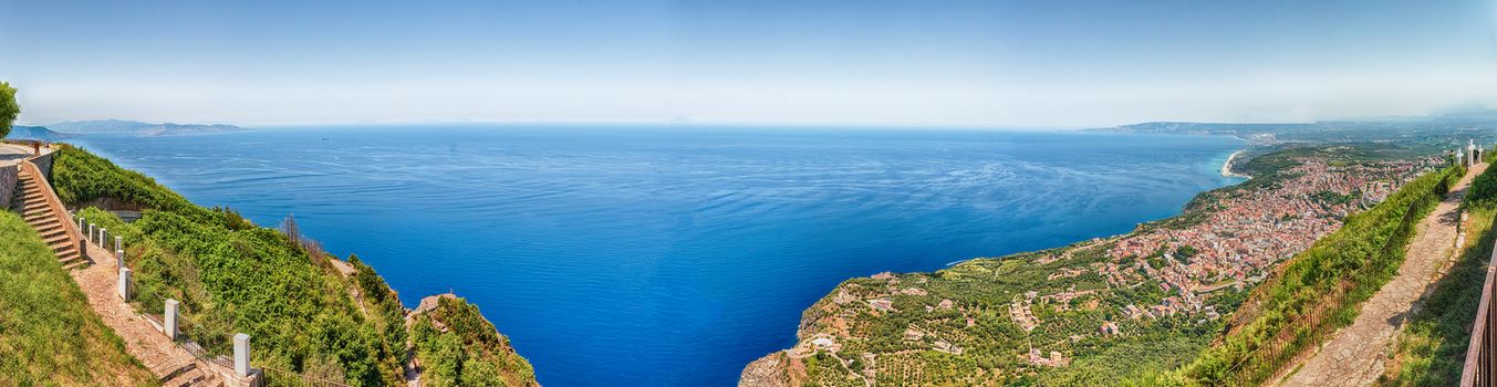 Panoramic view of the town of Palmi on the Tyrrhenian Sea from the top of Mount Sant'Elia, Calabria, Italy