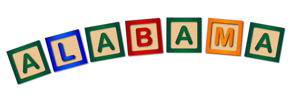 A collection of wooden block letters spelling ALABAMA over a white background