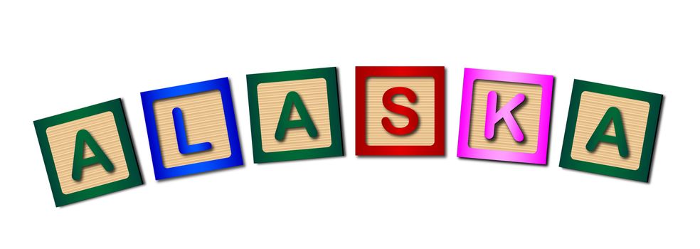 A collection of wooden block letters spelling ALASKA over a white background