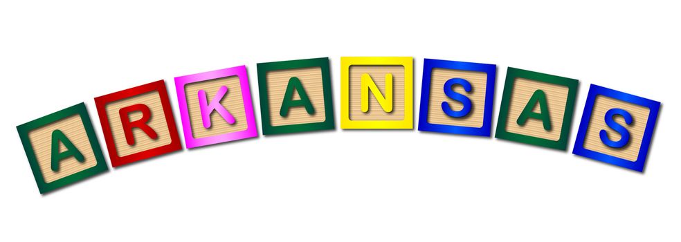 A collection of wooden block letters spelling ARKANSAS over a white background