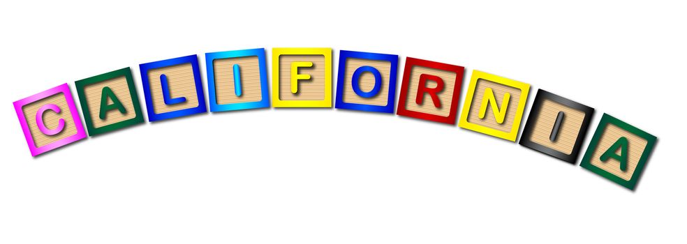 A collection of wooden block letters spelling CALIFORNIA over a white background