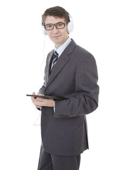 businessman working with tablet pc and headphones, isolated