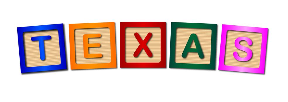 A collection of wooden block letters spelling TEXAS over a white background