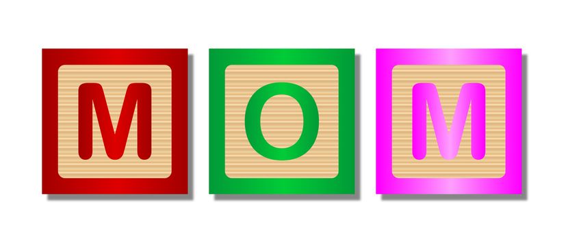 A collection of wooden block letters spelling the word MOM