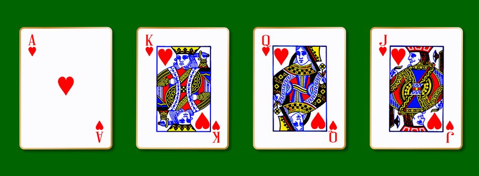 The Royal Hearts playing cards with the Ace on a green background