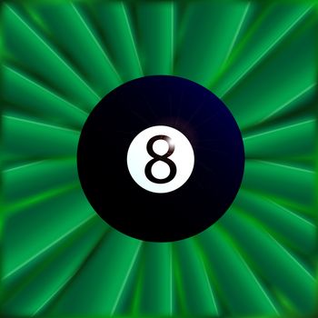 A typical eight snooker ball over a green material background